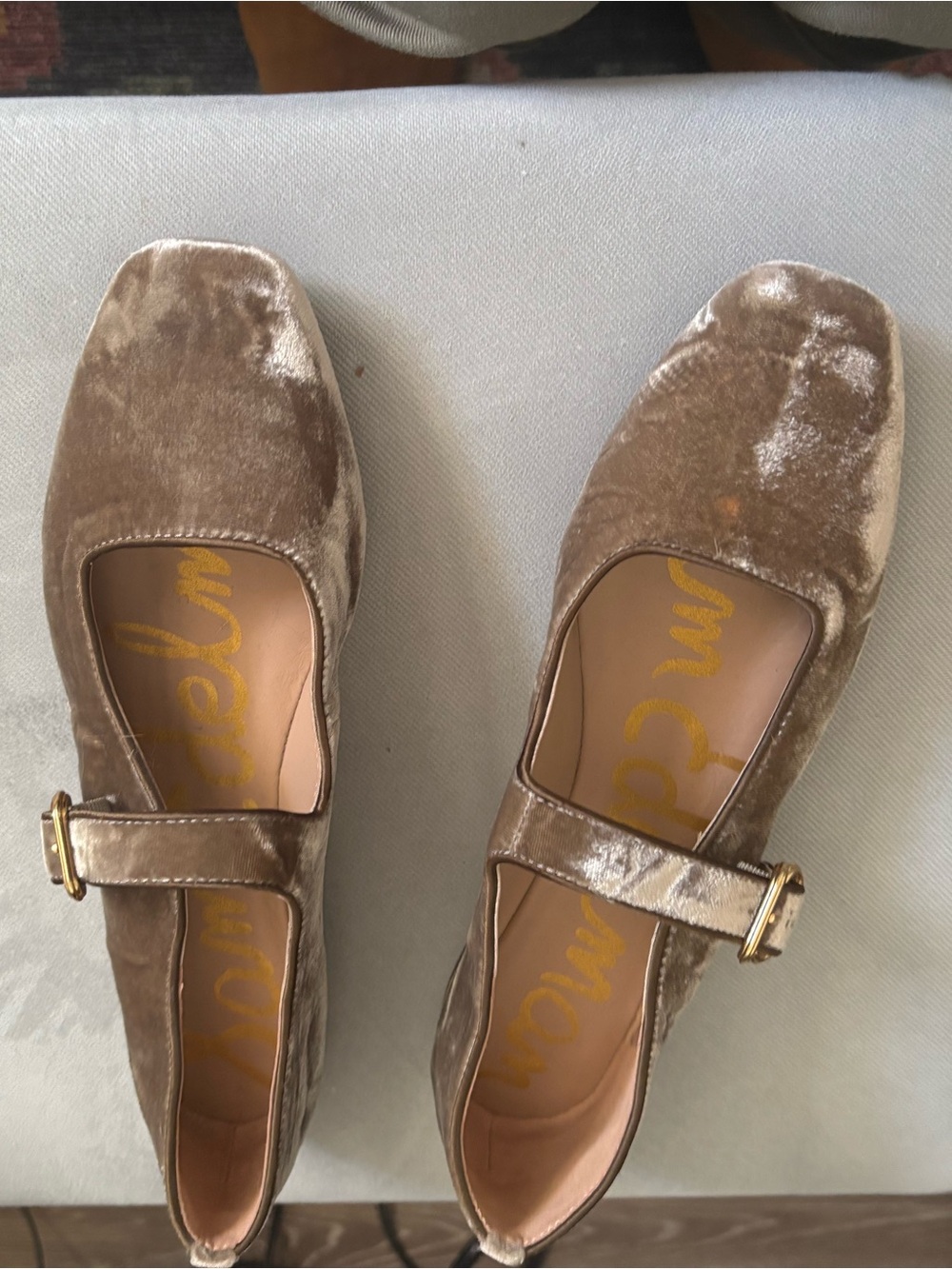 Sam Edelman Velvet Mary Jane Flats in Taupe with Gold Buckle